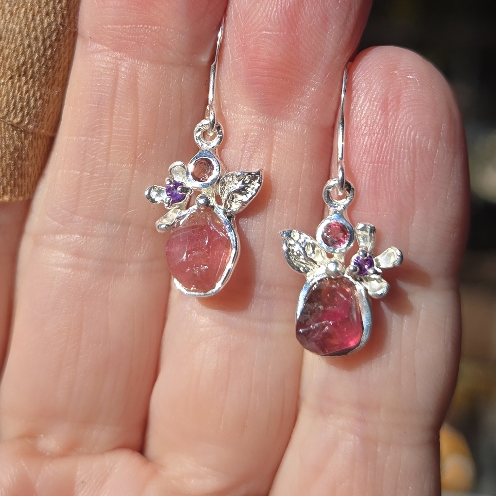 HOST PICK🎉🎊Pink Tourmaline Rhodalite & Amethyst Sterling & White Gold Earrings - Picture 9 of 11
